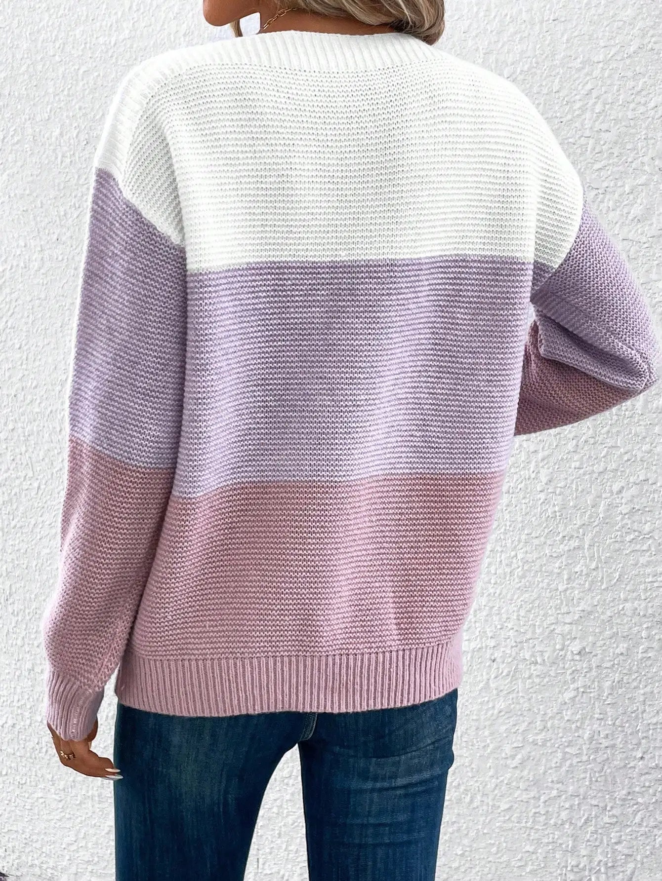 Elegant Three-color Patchwork Sweater Women Daily Commuter Casual Loose Jumpers Female Autumn Winter Knitted Thickened Warm Tops