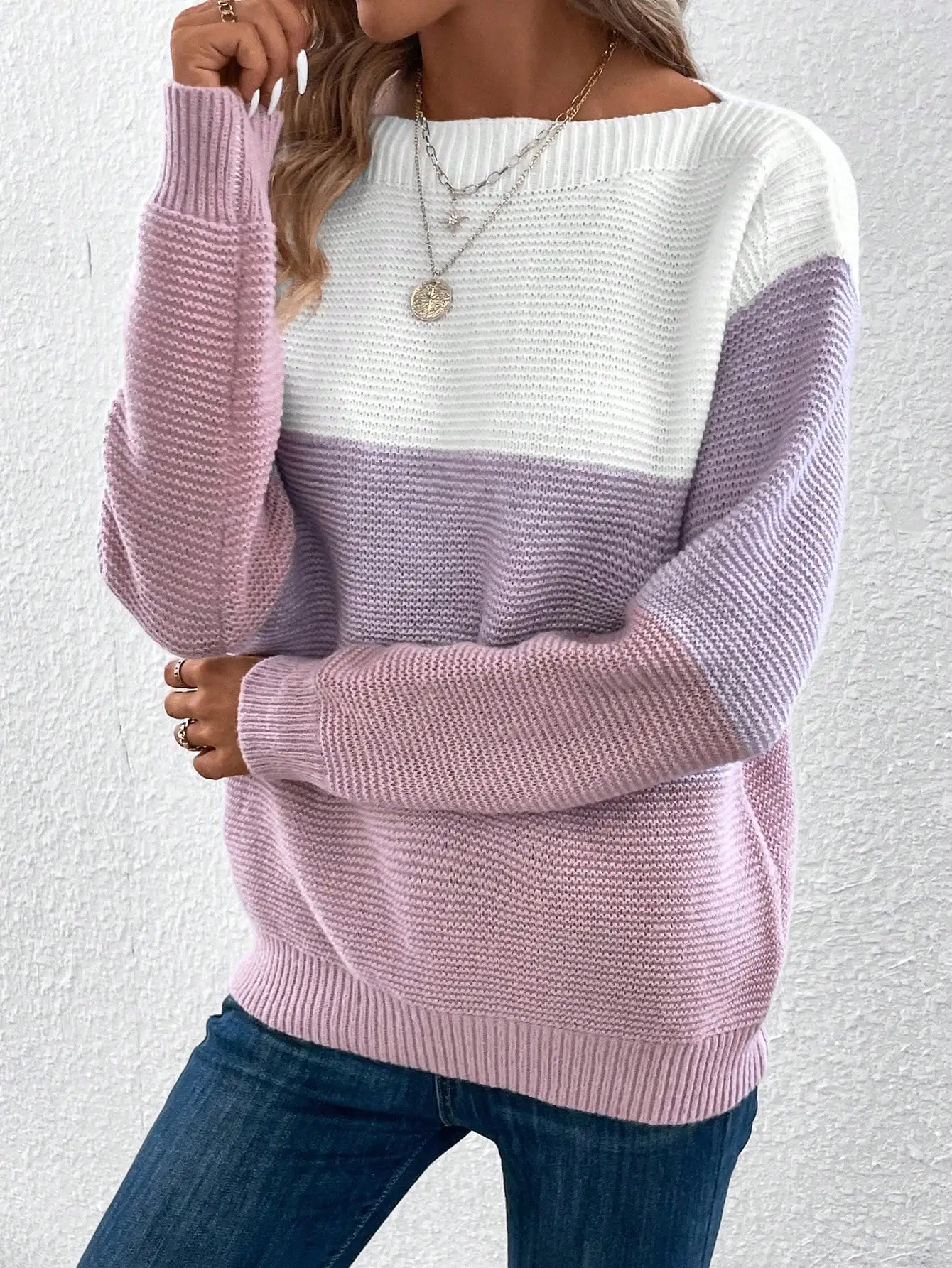 Elegant Three-color Patchwork Sweater Women Daily Commuter Casual Loose Jumpers Female Autumn Winter Knitted Thickened Warm Tops