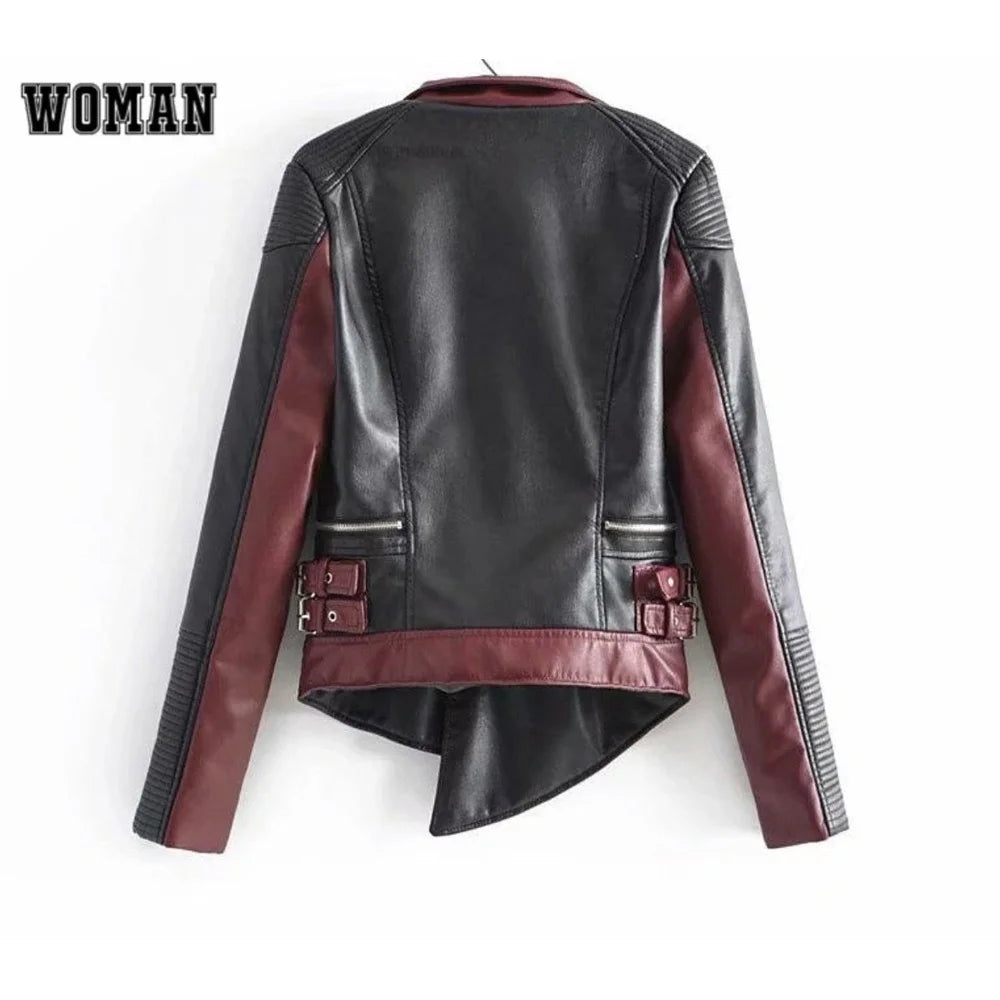 Women's Stand-Collar Patchwork Long Zippers Biker Leather Jackets XL Size Fashion Satin Canvas Fabric Printed PU Pocket Rivet