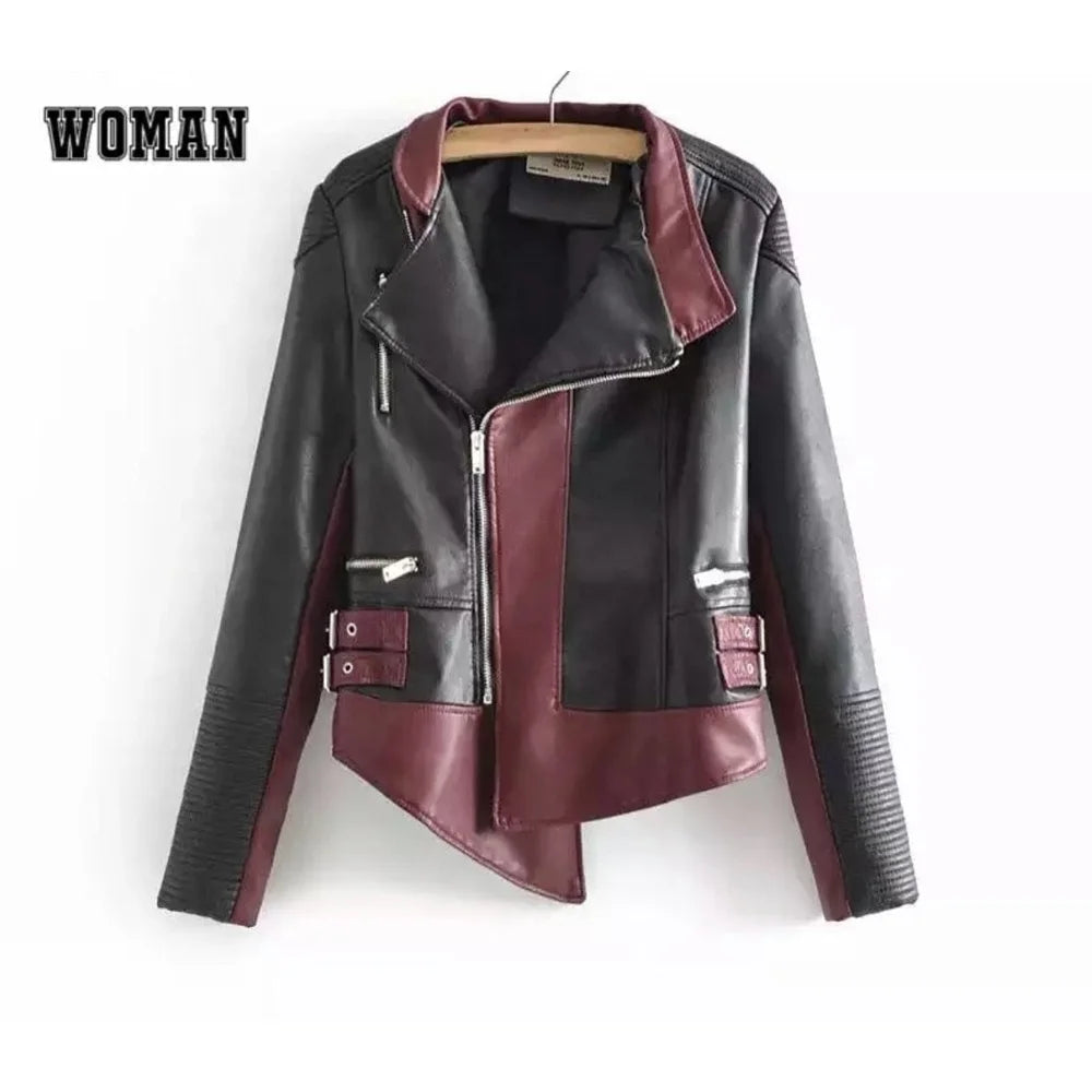 Women's Stand-Collar Patchwork Long Zippers Biker Leather Jackets XL Size Fashion Satin Canvas Fabric Printed PU Pocket Rivet