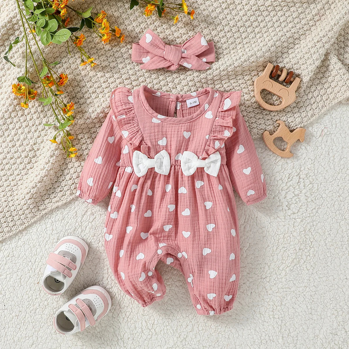 Baby Girl 'S All Seizoenen Lange Mouw Print Bloemen Met Strik Dagelijks Jumpsuit Voor Newborn-6M Kleding + Hoofdband