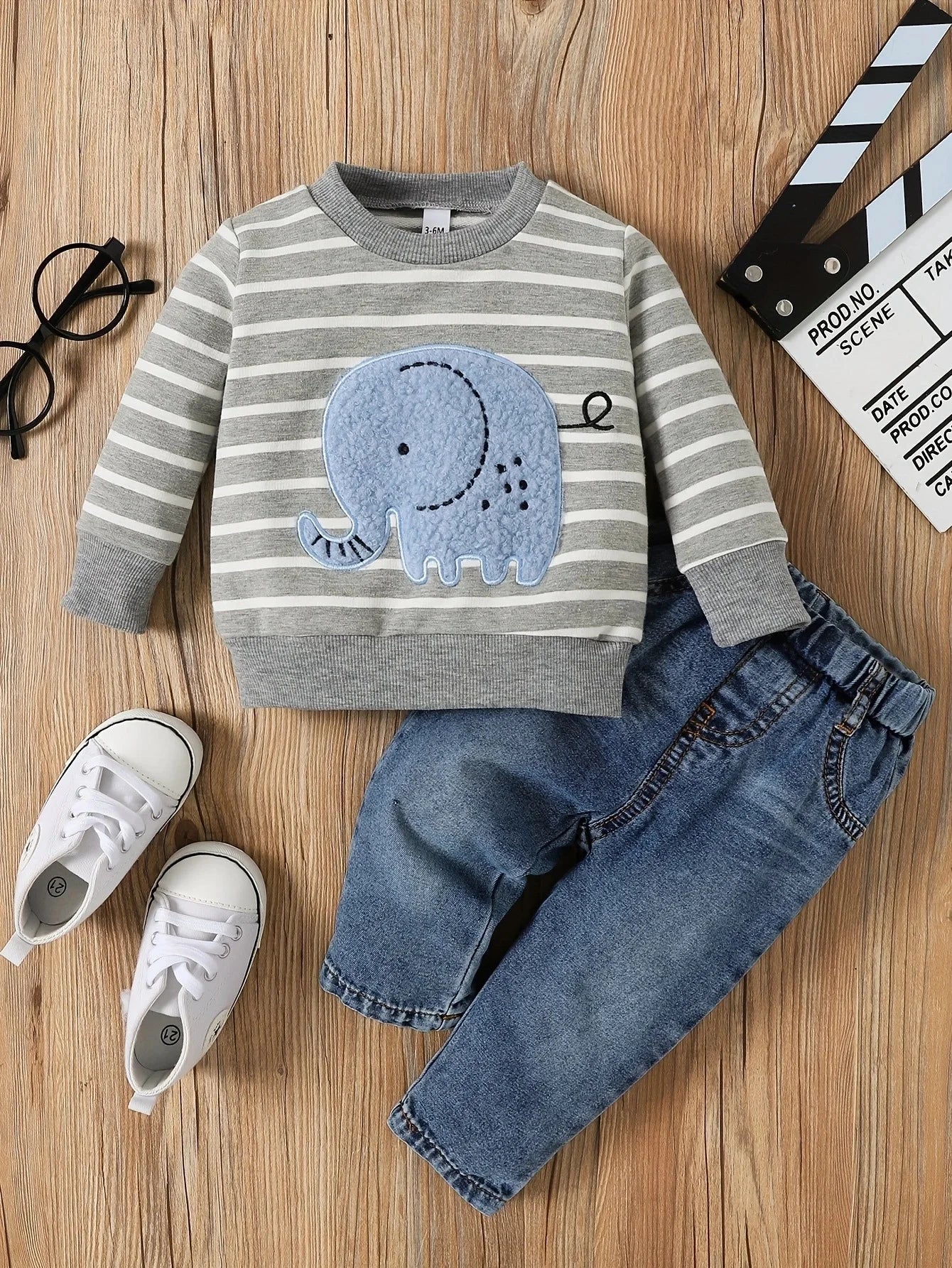 Unisex |  Småbarn Elefant Stripe topp og jeanssett