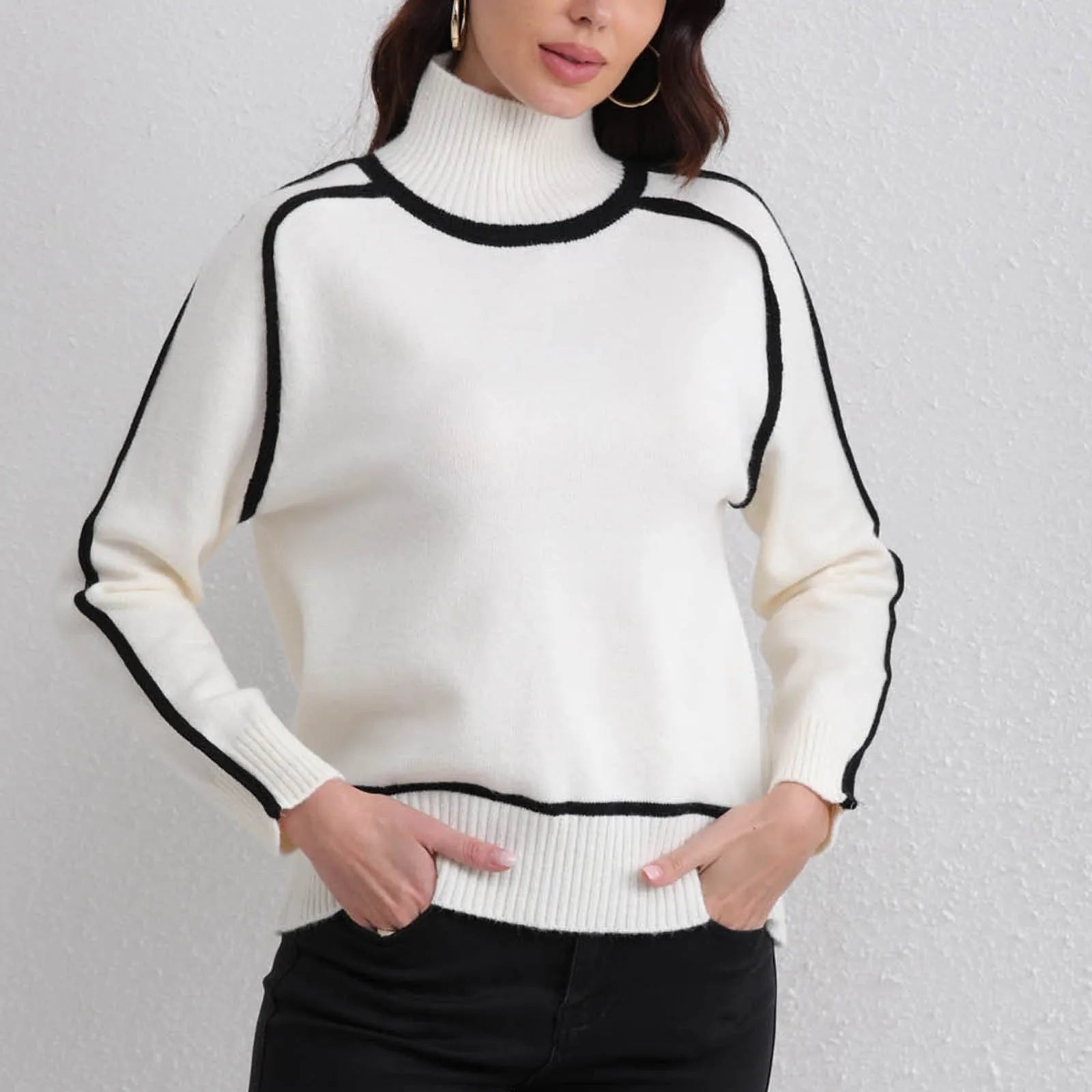 Knitwear Women's Tops Color Blocking Strip Turtleneck Jumper Autumn Winter Office Lady Casual Slim Ribbed Basic Pullover