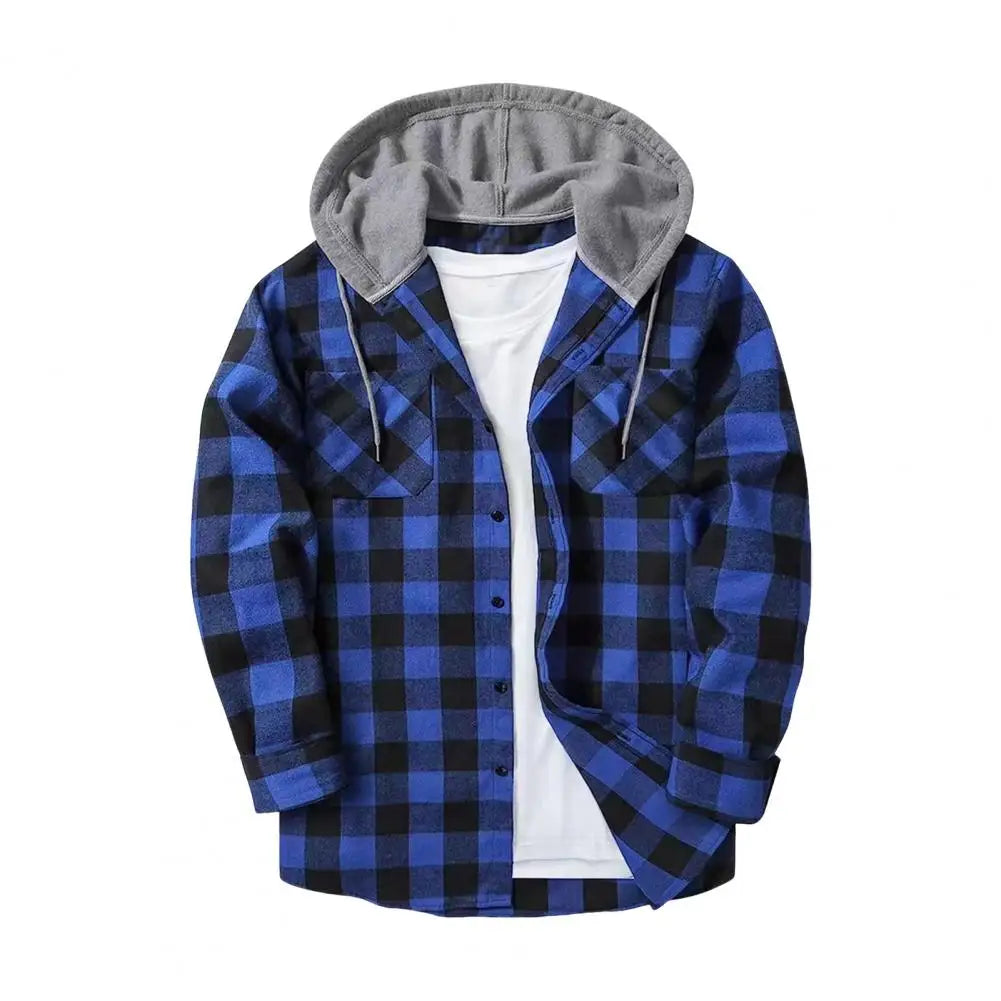 Fall Spring Men Shirt Hooded Drawstring Long Sleeves Plaid Print Jacket Single-breasted Daily Wear School Home Shirt Coat 남성 셔츠