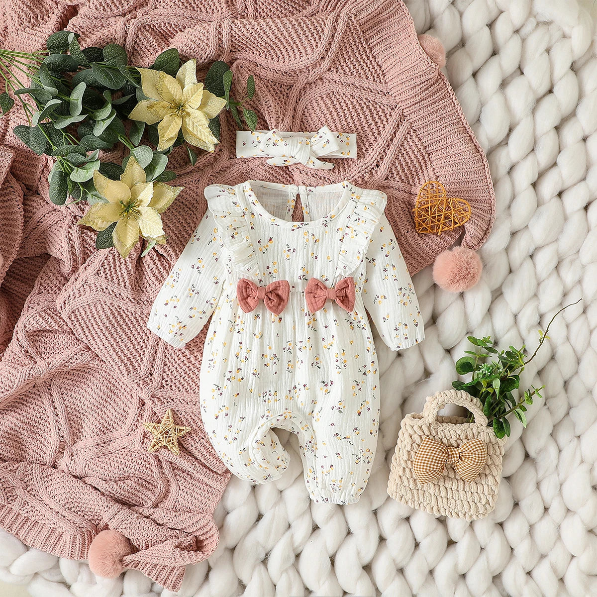 Baby Girl 'S All Seizoenen Lange Mouw Print Bloemen Met Strik Dagelijks Jumpsuit Voor Newborn-6M Kleding + Hoofdband