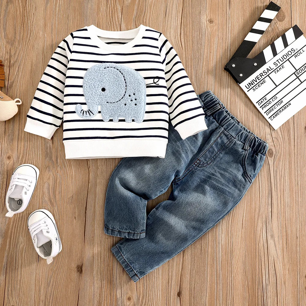 Unisex |  Småbarn Elefant Stripe topp og jeanssett