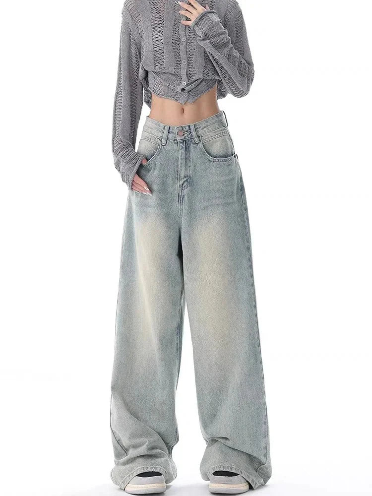 HOUZHOU Harajuku Y2K Baggy Jeans Women Streetwear Retro Fashion Autumn High Waist Pants Loose Wide Leg Denim Trousers Female