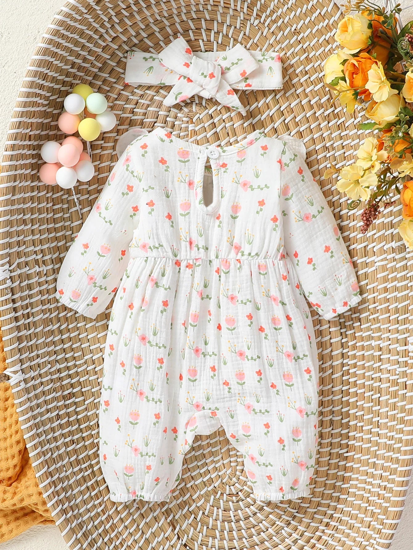 Baby Girl 'S All Seizoenen Lange Mouw Print Bloemen Met Strik Dagelijks Jumpsuit Voor Newborn-6M Kleding + Hoofdband