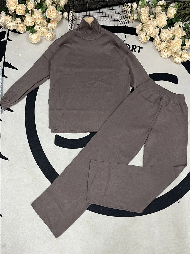 Autumn Winter 2 Pieces Women Sets Knitted Tracksuit Turtleneck Sweater and Straight Jogging Pants Suits