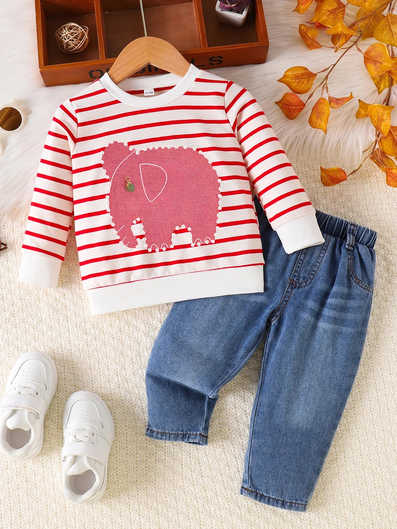 Unisex |  Småbarn Elefant Stripe topp og jeanssett