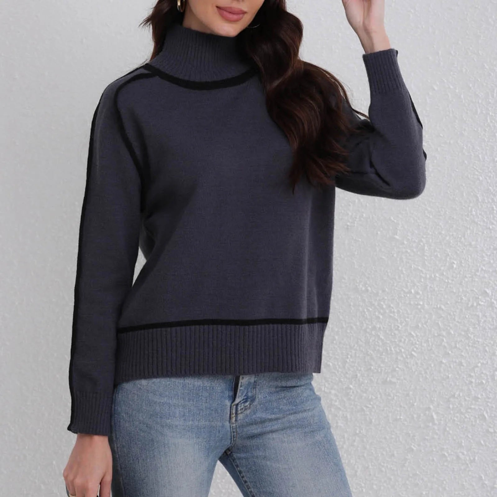 Knitwear Women's Tops Color Blocking Strip Turtleneck Jumper Autumn Winter Office Lady Casual Slim Ribbed Basic Pullover