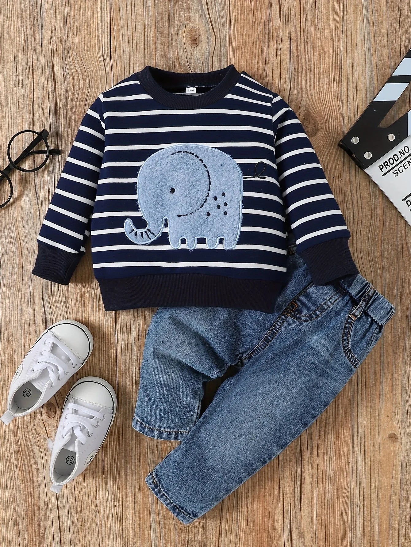 Unisex |  Småbarn Elefant Stripe topp og jeanssett