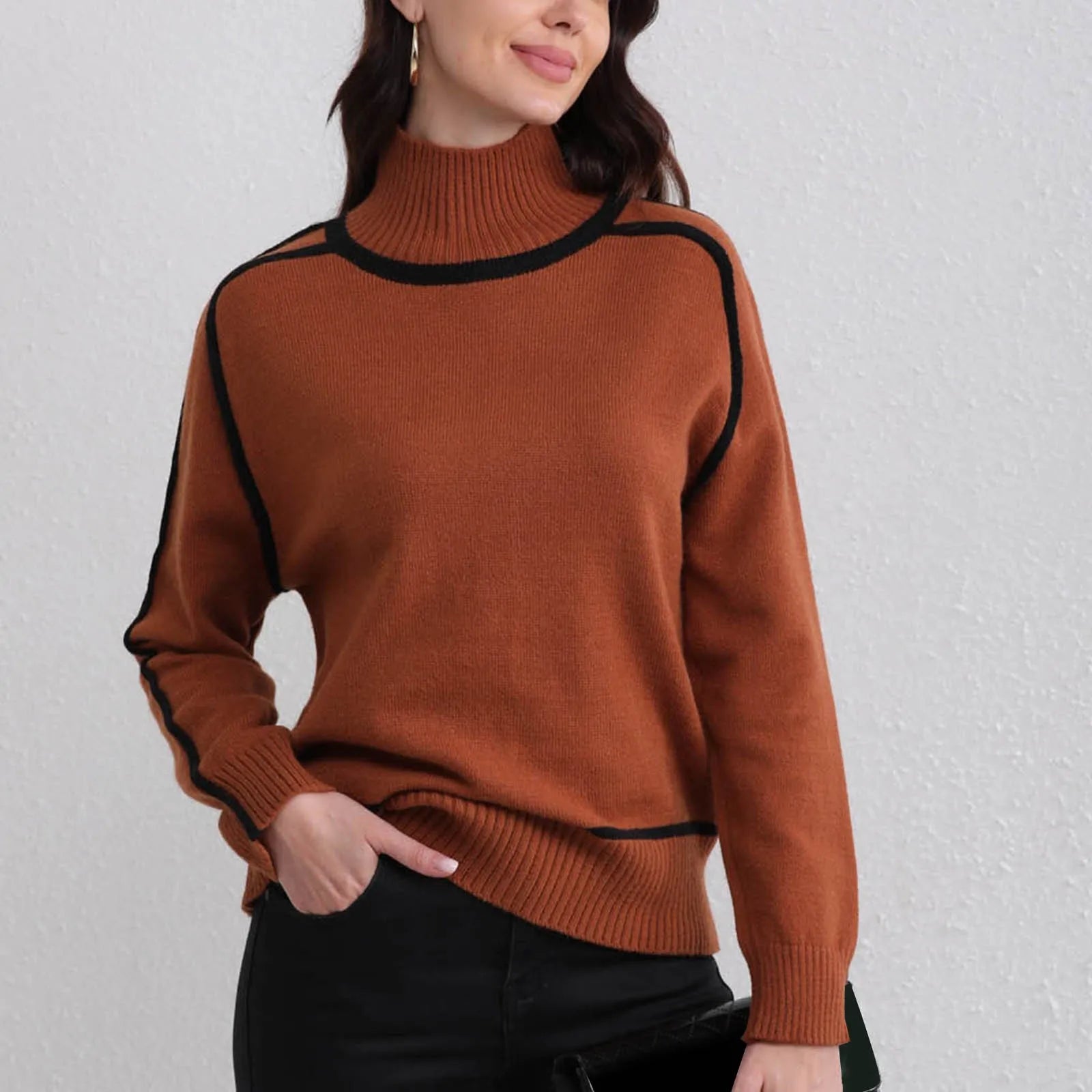 Knitwear Women's Tops Color Blocking Strip Turtleneck Jumper Autumn Winter Office Lady Casual Slim Ribbed Basic Pullover