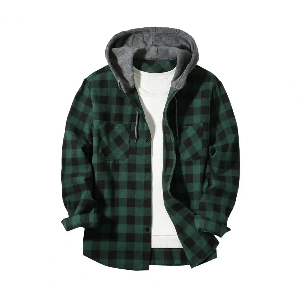 Fall Spring Men Shirt Hooded Drawstring Long Sleeves Plaid Print Jacket Single-breasted Daily Wear School Home Shirt Coat 남성 셔츠