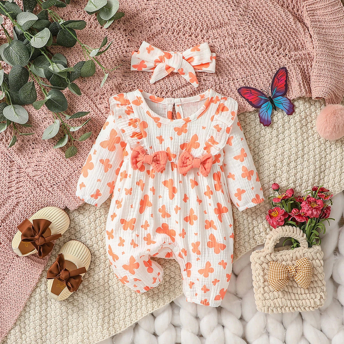 Baby Girl 'S All Seizoenen Lange Mouw Print Bloemen Met Strik Dagelijks Jumpsuit Voor Newborn-6M Kleding + Hoofdband