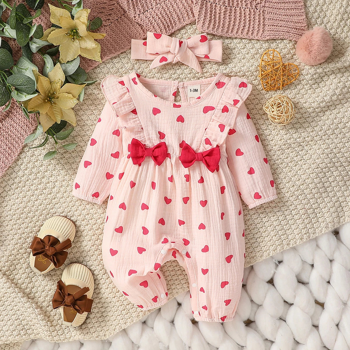 Baby Girl 'S All Seizoenen Lange Mouw Print Bloemen Met Strik Dagelijks Jumpsuit Voor Newborn-6M Kleding + Hoofdband