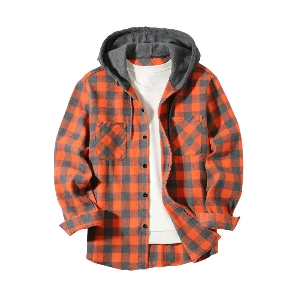 Fall Spring Men Shirt Hooded Drawstring Long Sleeves Plaid Print Jacket Single-breasted Daily Wear School Home Shirt Coat 남성 셔츠