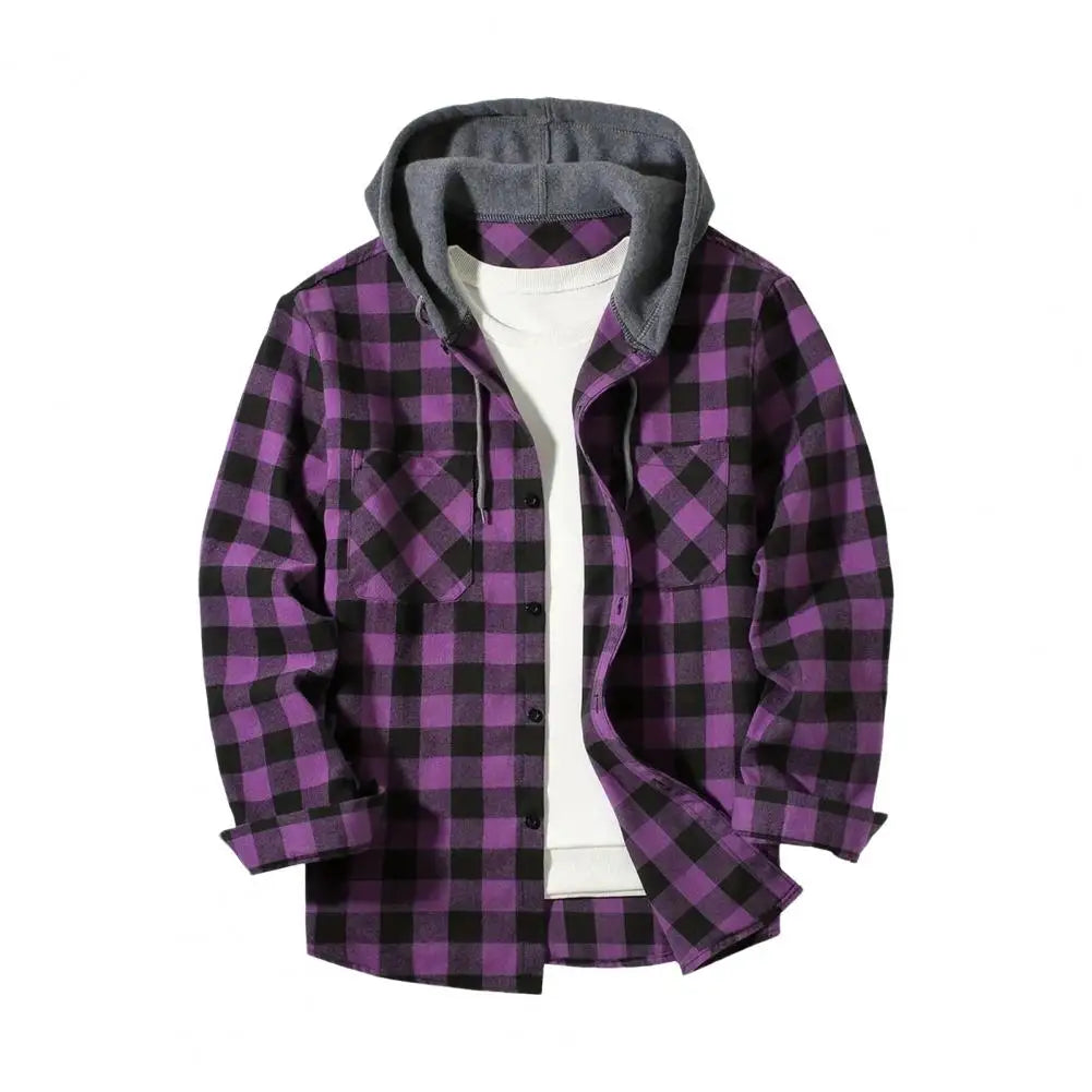 Fall Spring Men Shirt Hooded Drawstring Long Sleeves Plaid Print Jacket Single-breasted Daily Wear School Home Shirt Coat 남성 셔츠