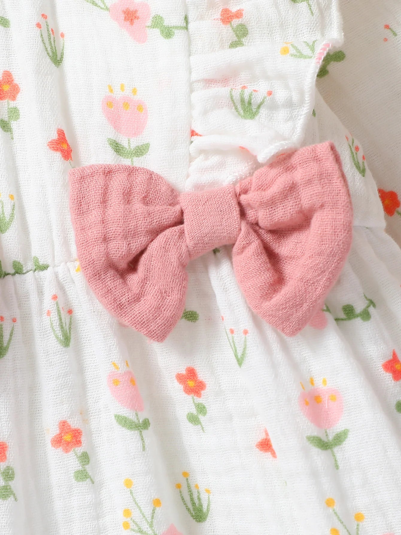 Baby Girl 'S All Seizoenen Lange Mouw Print Bloemen Met Strik Dagelijks Jumpsuit Voor Newborn-6M Kleding + Hoofdband