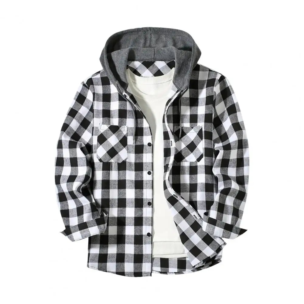 Fall Spring Men Shirt Hooded Drawstring Long Sleeves Plaid Print Jacket Single-breasted Daily Wear School Home Shirt Coat 남성 셔츠