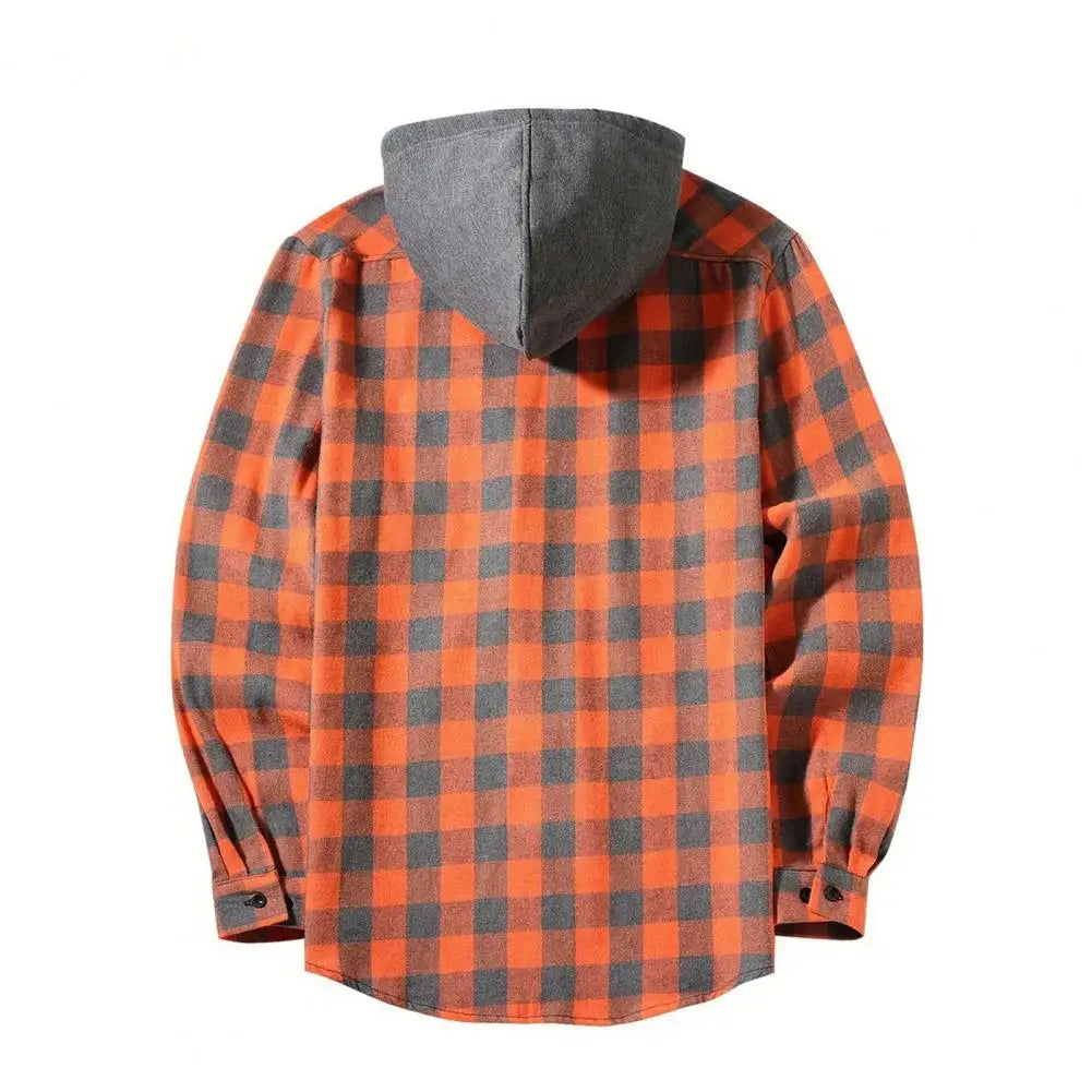 Fall Spring Men Shirt Hooded Drawstring Long Sleeves Plaid Print Jacket Single-breasted Daily Wear School Home Shirt Coat 남성 셔츠