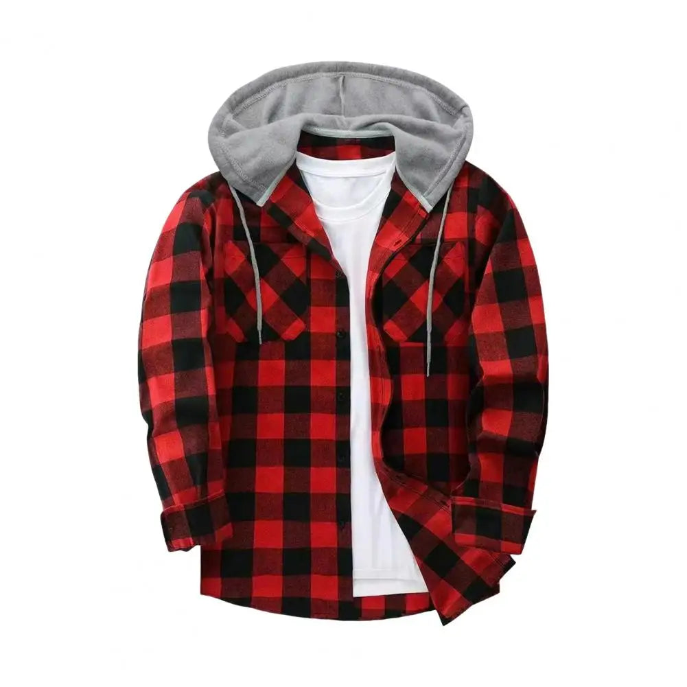 Fall Spring Men Shirt Hooded Drawstring Long Sleeves Plaid Print Jacket Single-breasted Daily Wear School Home Shirt Coat 남성 셔츠