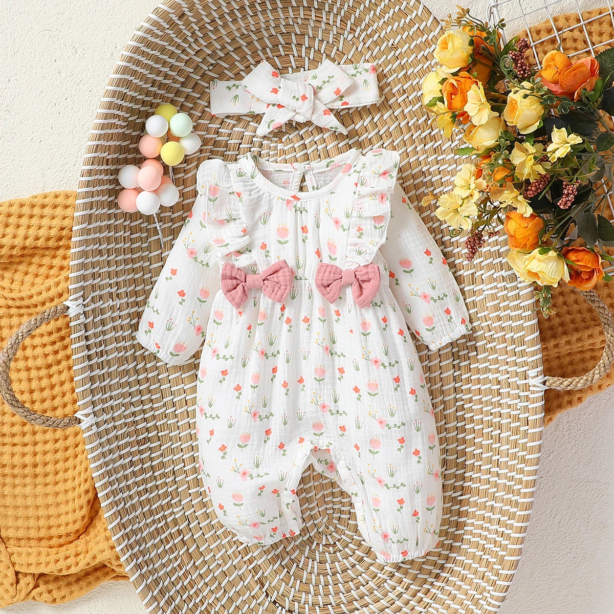 Baby Girl 'S All Seizoenen Lange Mouw Print Bloemen Met Strik Dagelijks Jumpsuit Voor Newborn-6M Kleding + Hoofdband