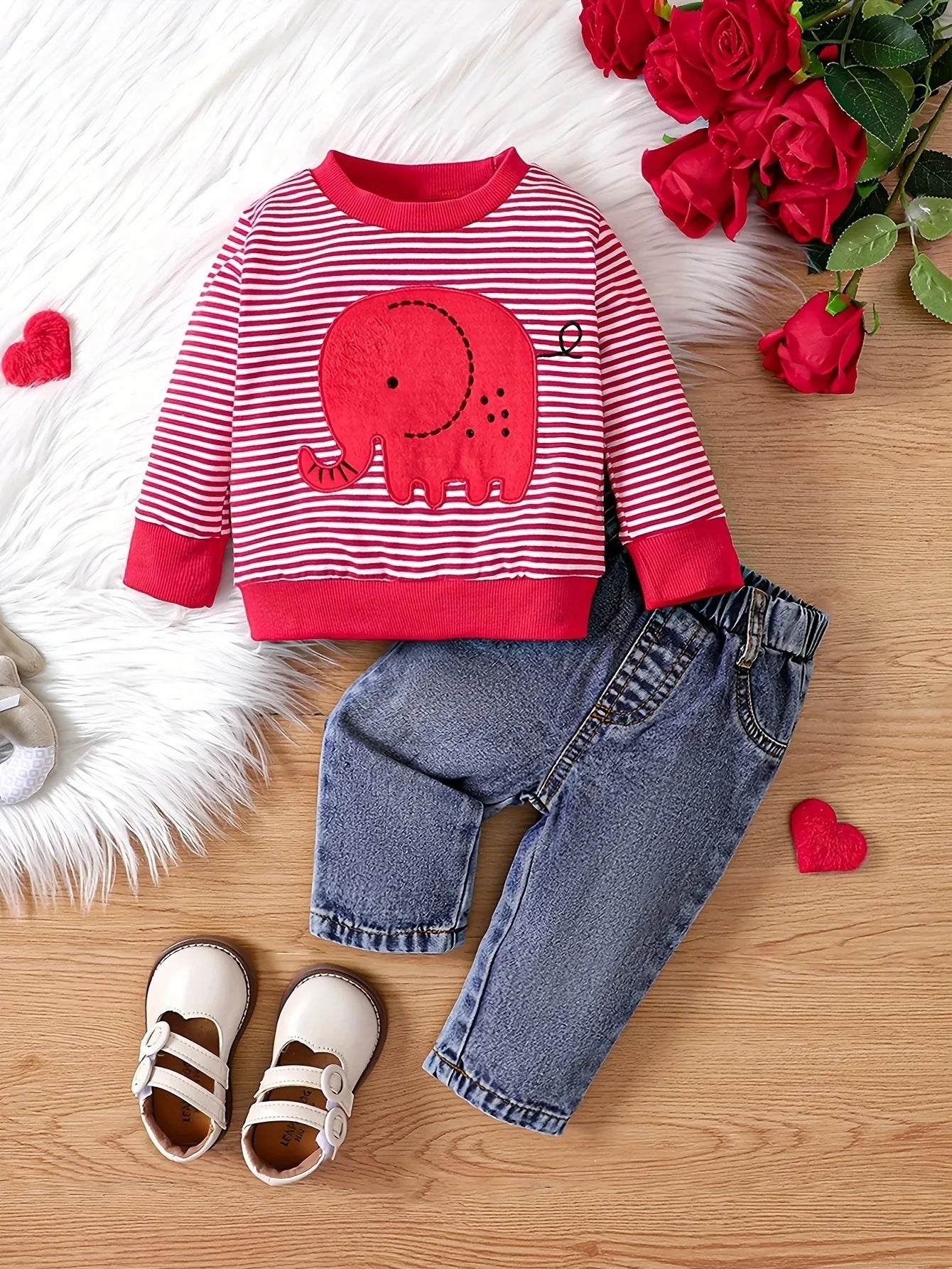 Unisex |  Småbarn Elefant Stripe topp og jeanssett