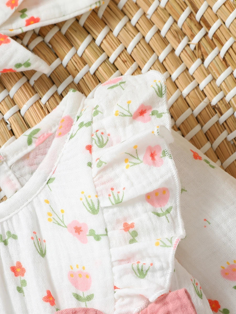 Baby Girl 'S All Seizoenen Lange Mouw Print Bloemen Met Strik Dagelijks Jumpsuit Voor Newborn-6M Kleding + Hoofdband