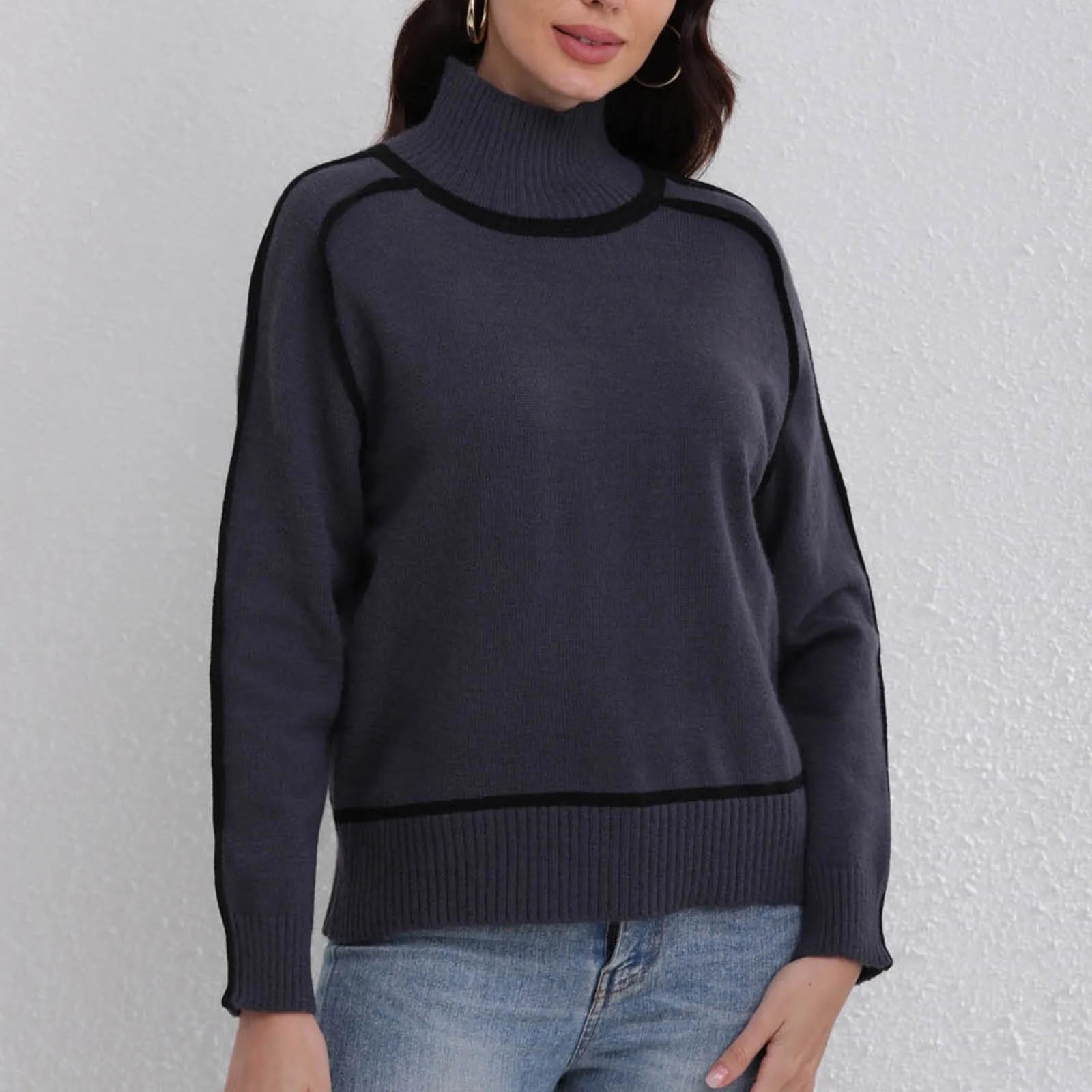 Knitwear Women's Tops Color Blocking Strip Turtleneck Jumper Autumn Winter Office Lady Casual Slim Ribbed Basic Pullover