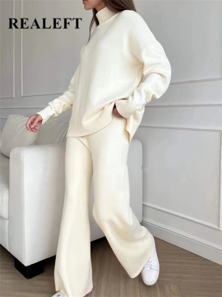 Autumn Winter 2 Pieces Women Sets Knitted Tracksuit Turtleneck Sweater and Straight Jogging Pants Suits